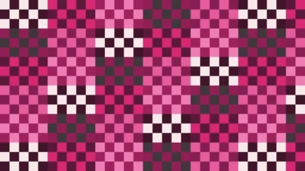 Mosaico denso de píxeles en tonos magenta con damero, imagen still VJ para escenario de iglesia