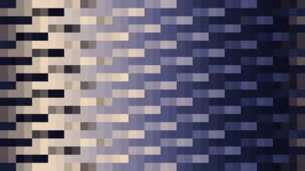 Mosaico denso de píxeles en tonos melocotón y azul con columnas, imagen still VJ para escenario de iglesia