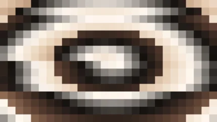 Mosaico denso de píxeles en tonos melocotón y tostado con túnel, imagen still VJ para escenario de iglesia