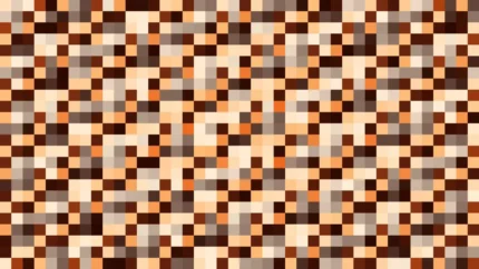 Mosaico denso de píxeles en tonos naranja y terracota con destellos, imagen still VJ para escenario de iglesia
