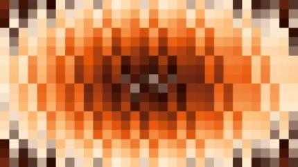 Mosaico denso de píxeles en tonos naranja y terracota con ondas concéntricas, imagen still VJ para escenario de iglesia