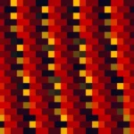 Mosaico denso de píxeles en tonos rojo y amarillo, imagen still VJ para escenario de iglesia