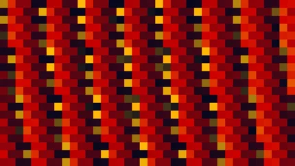 Mosaico denso de píxeles en tonos rojo y amarillo, imagen still VJ para escenario de iglesia