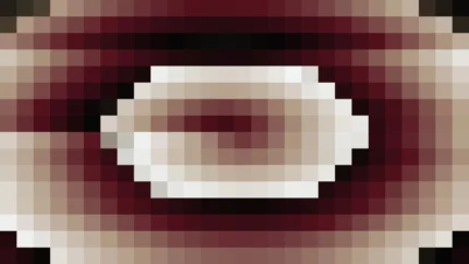 Mosaico denso de píxeles en tonos rojo y oscuro con túnel, imagen still VJ para escenario de iglesia