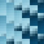 Mosaico denso de píxeles en tonos teal y celeste con barrido diagonal, imagen still VJ para escenario de iglesia