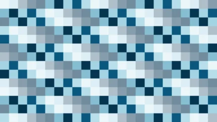 Mosaico denso de píxeles en tonos teal y celeste con damero, imagen still VJ para escenario de iglesia