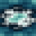 Mosaico denso de píxeles en tonos teal y oscuro con ondas concéntricas, imagen still VJ para escenario de iglesia