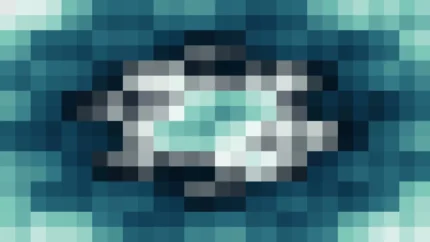 Mosaico denso de píxeles en tonos teal y oscuro con ondas concéntricas, imagen still VJ para escenario de iglesia