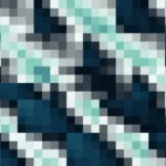 Mosaico denso de píxeles en tonos teal y oscuro con prisma, imagen still VJ para escenario de iglesia