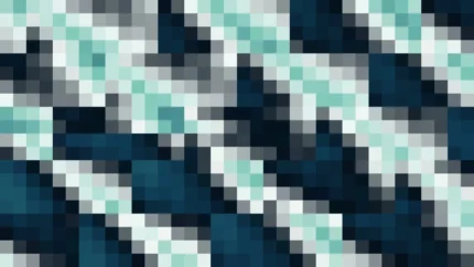 Mosaico denso de píxeles en tonos teal y oscuro con prisma, imagen still VJ para escenario de iglesia