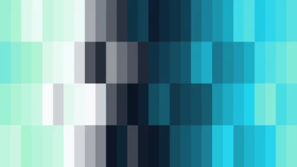 Mosaico denso de píxeles en tonos teal y aguamarina con barrido horizontal, imagen still VJ para escenario de iglesia