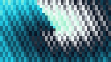 Mosaico denso de píxeles en tonos teal y aguamarina con órbitas, imagen still VJ para escenario de iglesia