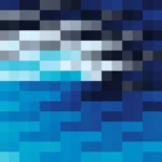 Mosaico denso de píxeles en tonos teal y azul con espiral, imagen still VJ para escenario de iglesia