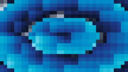 Mosaico denso de píxeles en tonos teal y azul con túnel, imagen still VJ para escenario de iglesia