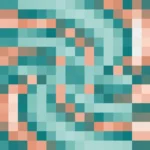 Mosaico denso de píxeles en tonos turquesa y melocotón con caleidoscopio, imagen still VJ para escenario de iglesia