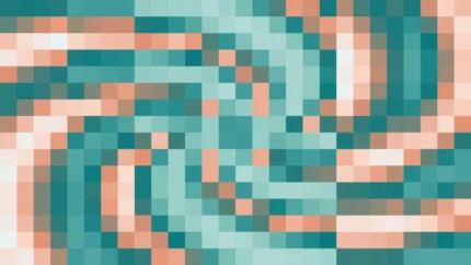 Mosaico denso de píxeles en tonos turquesa y melocotón con caleidoscopio, imagen still VJ para escenario de iglesia