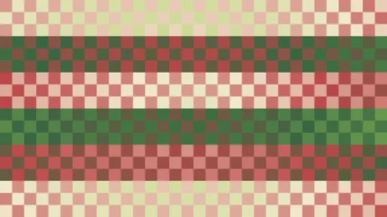 Mosaico denso de píxeles en tonos verde y rojo, imagen still VJ para escenario de iglesia