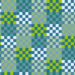 Mosaico denso de píxeles en tonos verde y teal con damero, imagen still VJ para escenario de iglesia