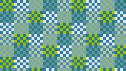 Mosaico denso de píxeles en tonos verde y teal con damero, imagen still VJ para escenario de iglesia