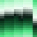 Mosaico denso de píxeles en tonos verde y menta con bandas horizontales, imagen still VJ para escenario de iglesia