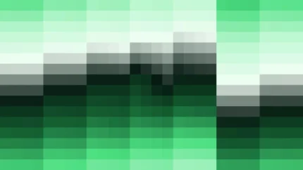 Mosaico denso de píxeles en tonos verde y menta con bandas horizontales, imagen still VJ para escenario de iglesia