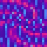 Mosaico denso de píxeles en tonos violeta y magenta con caleidoscopio, imagen still VJ para escenario de iglesia