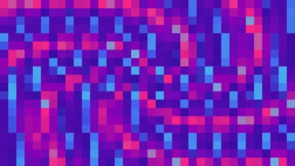 Mosaico denso de píxeles en tonos violeta y magenta con caleidoscopio, imagen still VJ para escenario de iglesia