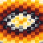 Trama de micro píxeles en tonos amarillo y naranja con ondas concéntricas, imagen still VJ para escenario de iglesia