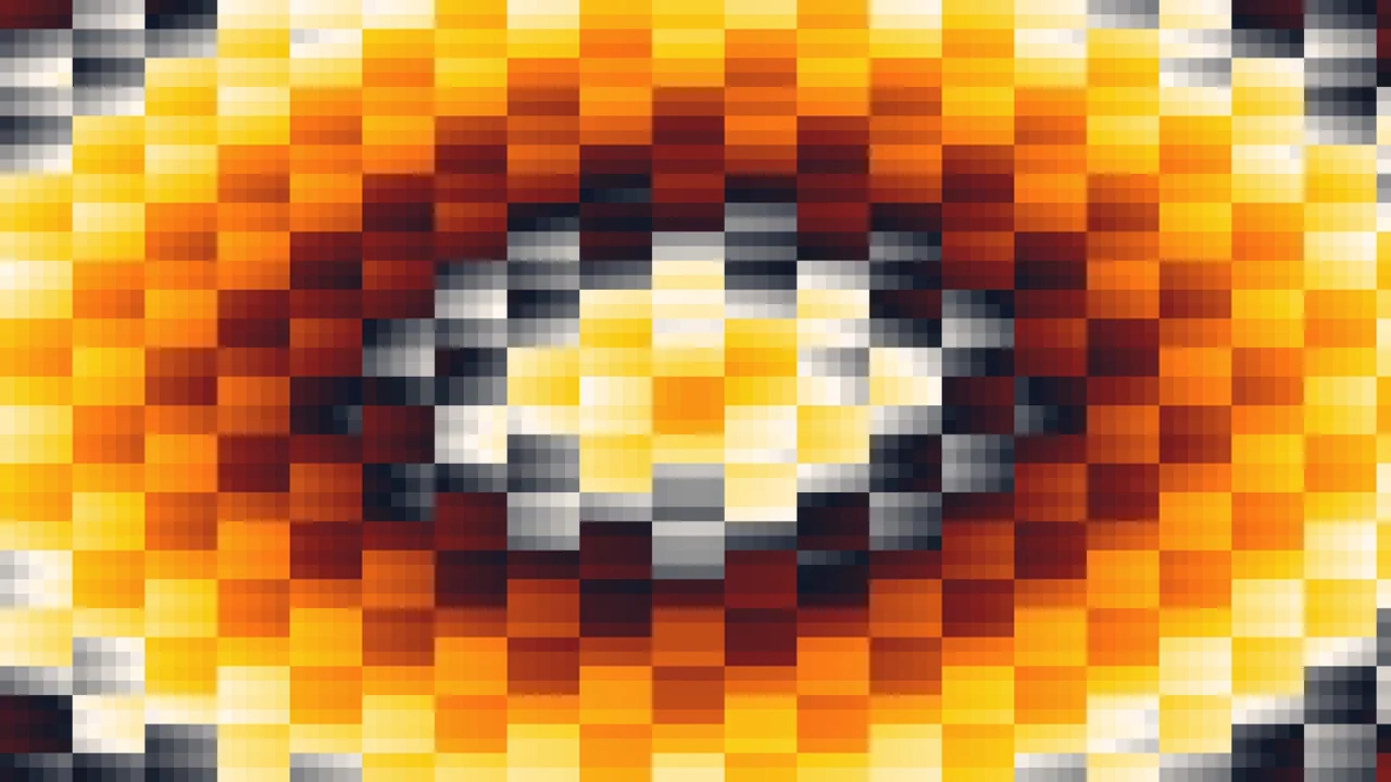 Imagen Still de Trama de Micro-Píxeles Amarillo Dorado y Naranja en Ondas Concéntricas | Fondo JPG 4K