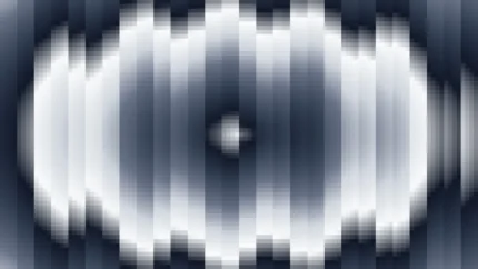 Trama de micro píxeles en tonos azul y marino con ondas concéntricas, imagen still VJ para escenario de iglesia