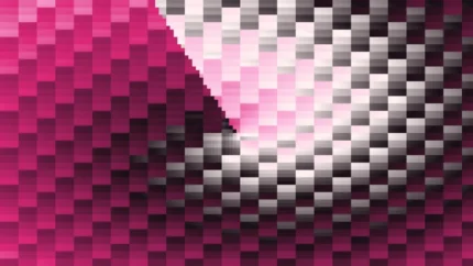 Trama de micro píxeles en tonos magenta con órbitas, imagen still VJ para escenario de iglesia