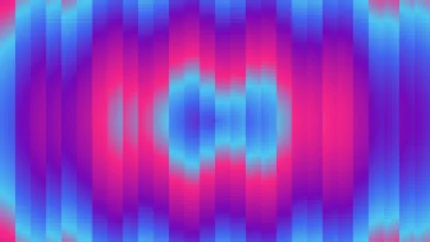 Trama de micro píxeles en tonos magenta y violeta con ondas concéntricas, imagen still VJ para escenario de iglesia