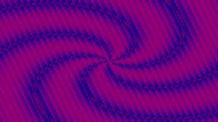 Trama de micro píxeles en tonos púrpura y magenta con caleidoscopio, imagen still VJ para escenario de iglesia