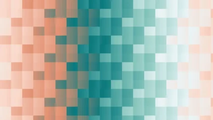 Trama de micro píxeles en tonos turquesa y melocotón con barrido horizontal, imagen still VJ para escenario de iglesia