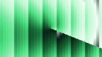 Trama de micro píxeles en tonos verde y menta con órbitas, imagen still VJ para escenario de iglesia