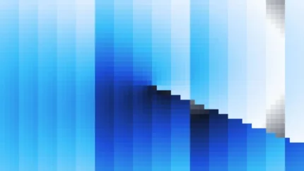 Trama fina de píxeles en tonos azul y teal con órbitas, imagen still VJ para escenario de iglesia