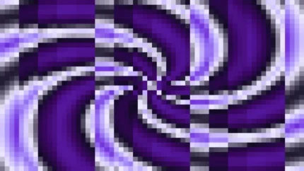 Trama fina de píxeles en tonos azul y violeta con caleidoscopio, imagen still VJ para escenario de iglesia
