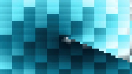 Trama fina de píxeles en tonos celeste y teal con órbitas, imagen still VJ para escenario de iglesia