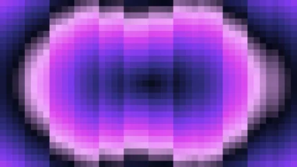Trama fina de píxeles en tonos púrpura y violeta con ondas concéntricas, imagen still VJ para escenario de iglesia