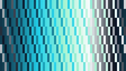 Trama fina de píxeles en tonos teal y aguamarina con columnas, imagen still VJ para escenario de iglesia