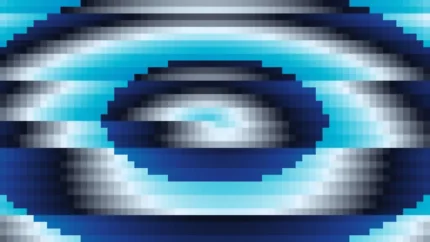 Trama fina de píxeles en tonos teal y azul con túnel, imagen still VJ para escenario de iglesia