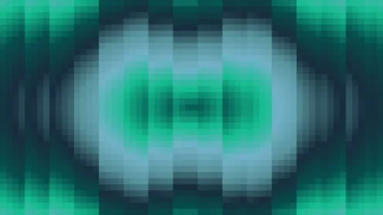Trama fina de píxeles en tonos verde y azul con ondas concéntricas, imagen still VJ para escenario de iglesia