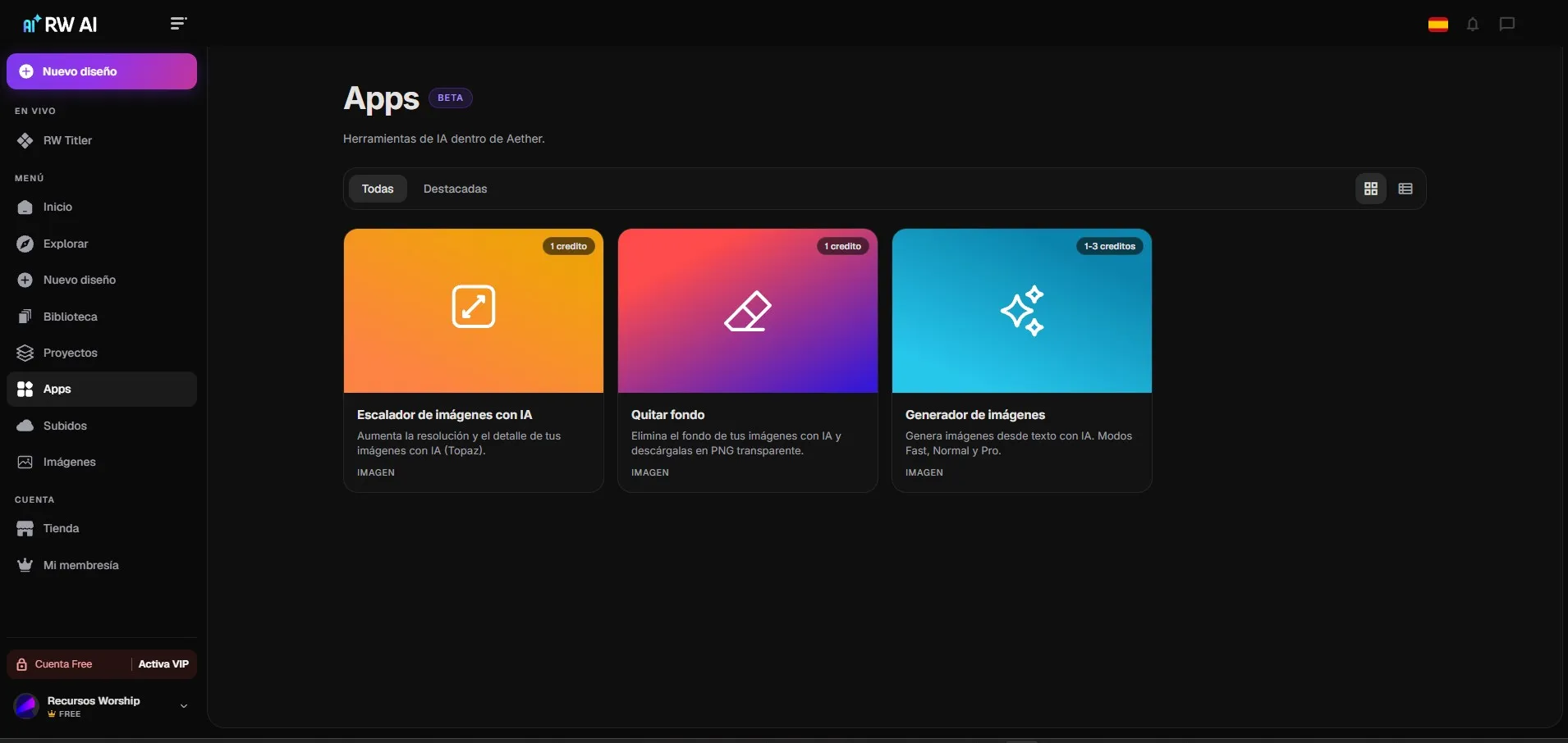 Apps con IA de Recursos Worship: escalador de imágenes, quitar fondo y generador de imágenes