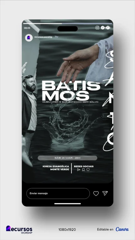 Modelo de batismo editável para igrejas | Stories vertical azul em PSD — mockup, 9:16