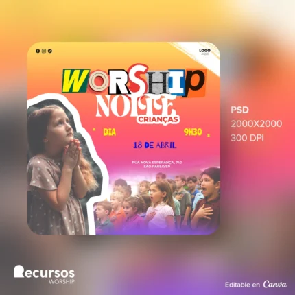 Modelo da Noite de Adoração para Crianças | Design Vibrante 1:1 para Redes Canva — mockup, 1:1
